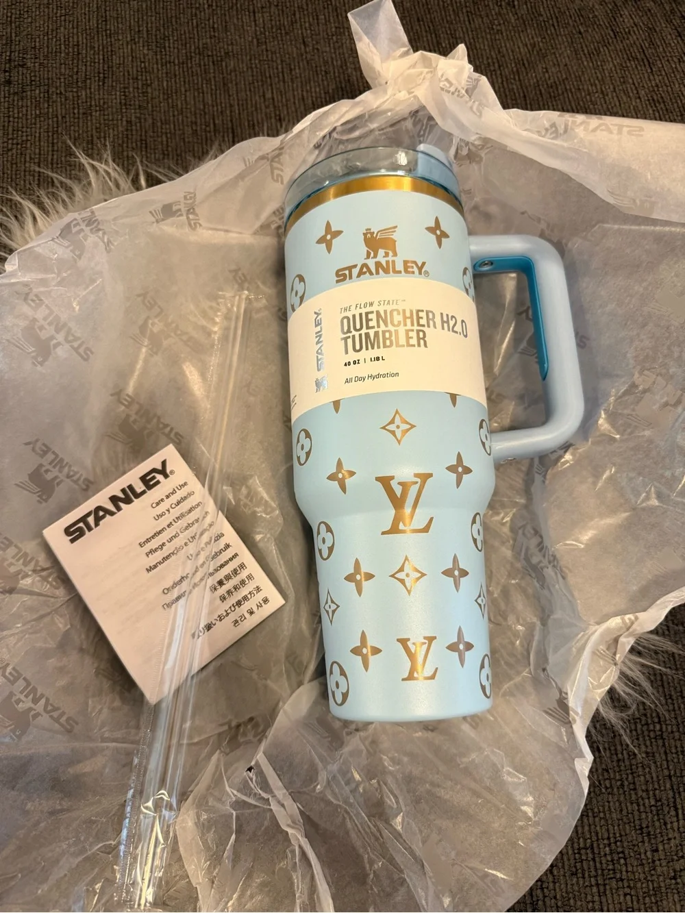 Stanley Light Blue Tumbler with Gold Accents 40oz